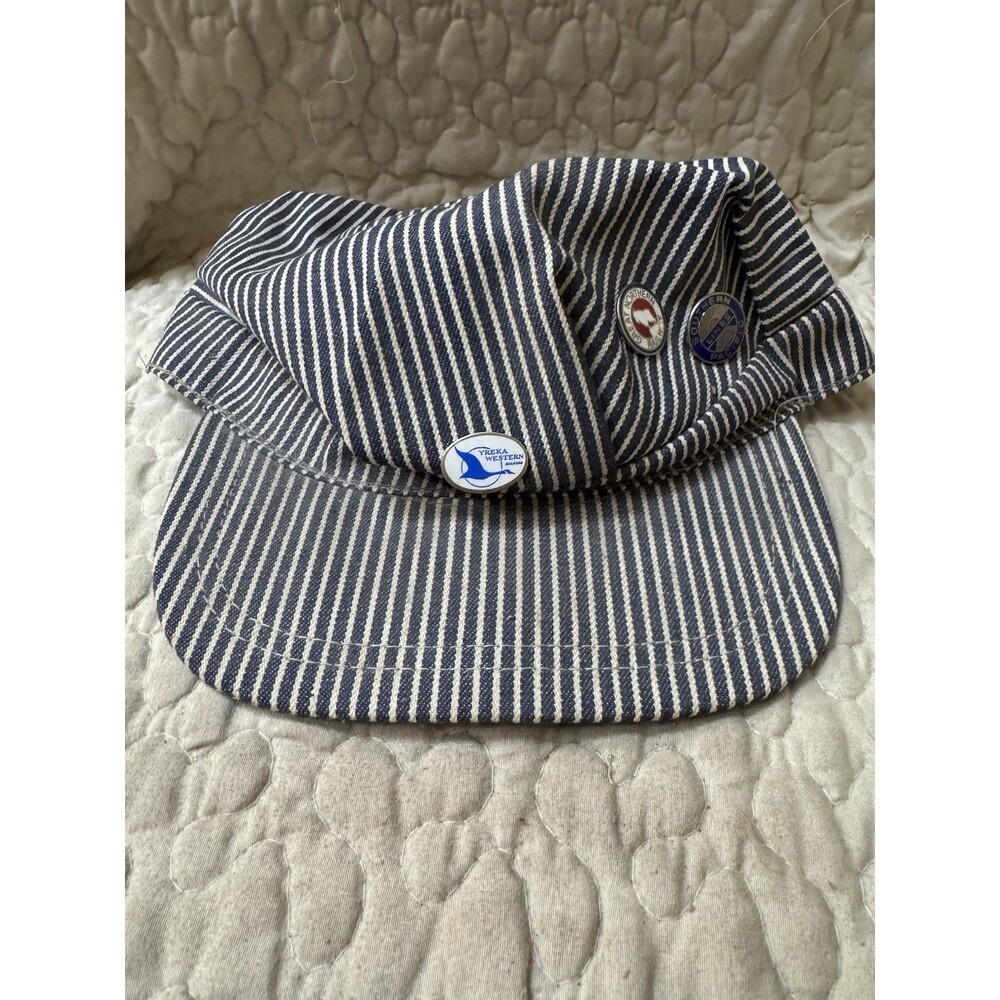 Vintage Railroad Engineer Cap Hickory Stripe Train Hat w/ 4 Railroad Pins Great